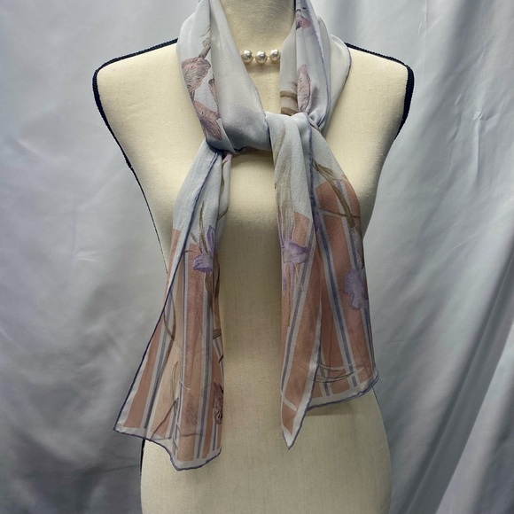 SILK SCARF FORAL BUTTERFLIES GRAY PINK BROWN PURPLE ELEGANT MONEY LUXURIOUS - Picture 3 of 11